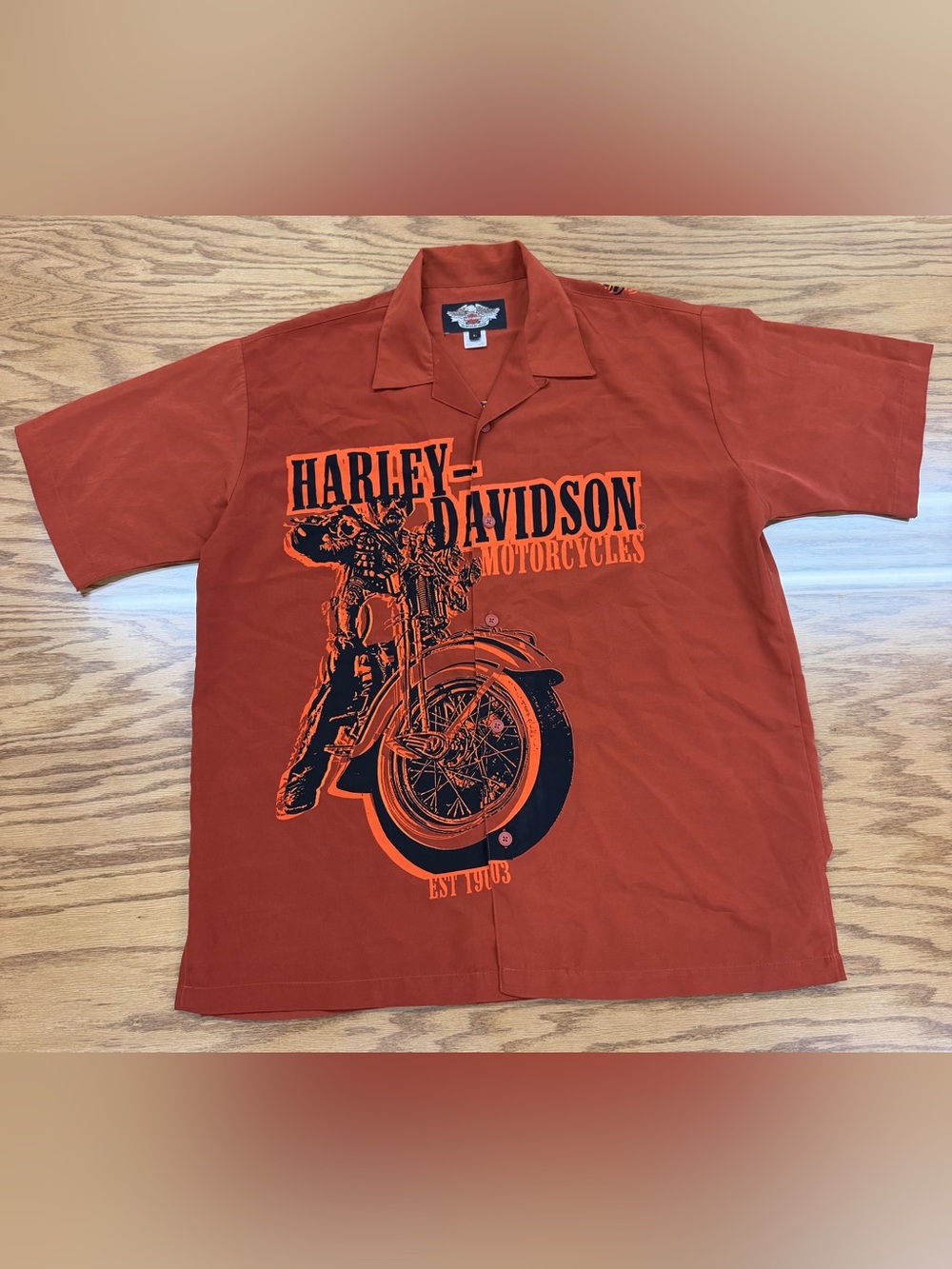 Vintage Harley Davidson Orange AOP 2-Sided Button Graphic Y2K Shirt L 24x30